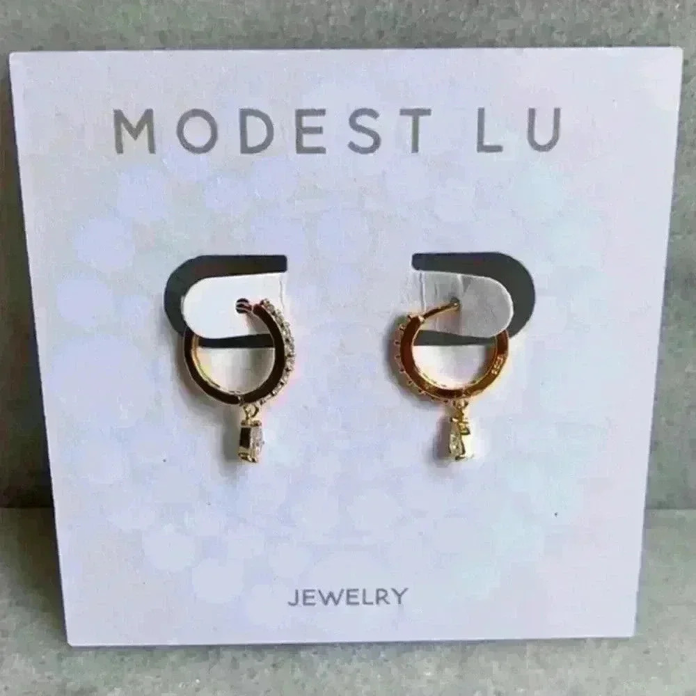 18K Gold Tear Drop Crystal Huggie Hoop Earrings - Picture 2 of 5